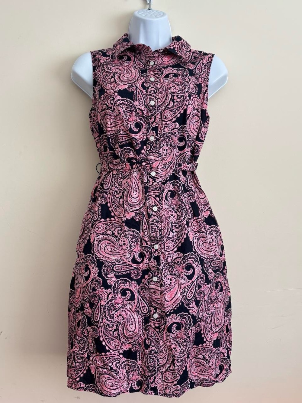 Tommy Hilfiger Black & Pink Paisley Sleeveless Collared Button Belted Dress 4